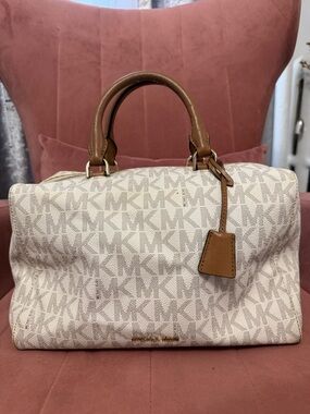 Michael Kors Cream Logo Satchel with Brown Leather Trim